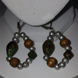 Handcrafted Green and Brown Beaded Hoop Earrings